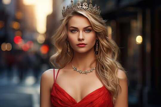 A beautiful blonde girl in a precious diamond crown with dark hair in a red summer dress walks along the streets of the city. Fashionable romantic image of a beauty queen.
