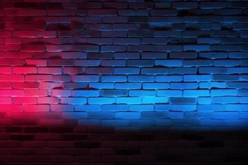 Brick wall illuminated with red and blue neon light. Volumetric texture, cyberpunk loft background.