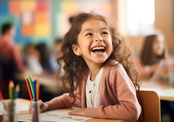 Smiling child studying at desk in school. Generative AI
