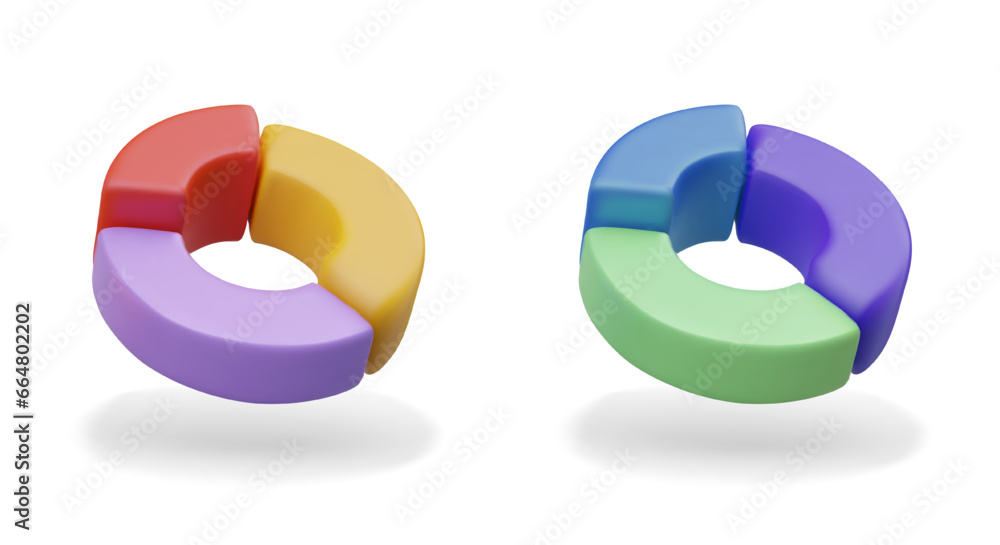 Poster pie donut chart. visualization of process, statistics. planning. set of color realistic images. info