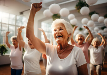 Senior group doing exercise in gym. Elderly women having physiotherapy class. Generative AI