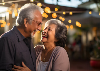 Senior Asian couple enjoying outdoors, Chinese immigrant elderly couple fulfilling retirement. Generative AI