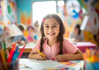 Smiling child studying at desk in school. Generative AI
