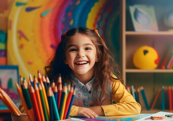 Smiling child studying at desk in school. Generative AI