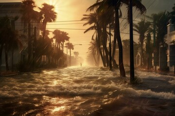 Las Olas Blvd and palm trees during a catastrophic hurricane with flooded streets and strong winds. Generative AI