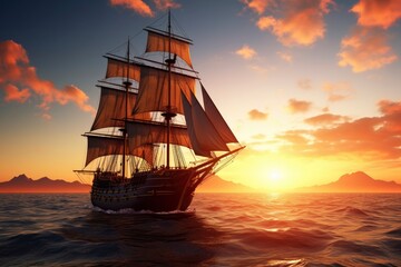 Fototapeta premium Pirate ship sailing on the ocean at sunset. Vintage cruise.