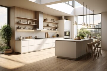 Modern kitchen with white cabinets, sunlight, and wooden floors. Generative AI