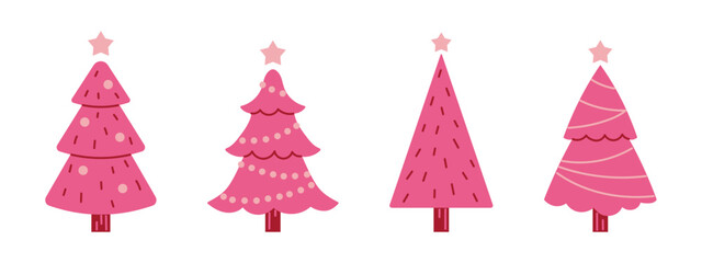 Vector set of y2k pink christmas trees. Glamour stylish fir trees with garlands and balls. New Year and Christmas celebration.