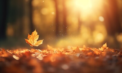 Beautiful autumn leaves at the grass ground, bokeh background with empty space a center. Warm colors. Seasonal banner, made with Generative AI