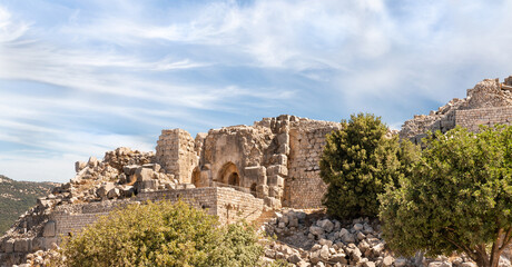A well-preserved  entrance to the ruins of the medieval fortress of Nimrod - Qalaat al-Subeiba, located near the border with Syria and Lebanon in the Golan Heights, in northern Israel