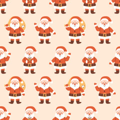 Vector seamless pattern with cute smiling Santa Claus characters. Christmas and New Year background. Funny cartoon characters in red hat. Wrapping design with Santa Claus.