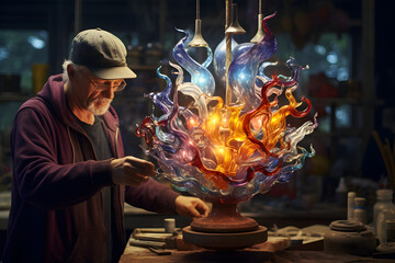 A Skilled Glassblower Crafting a Colorful Intricate Design - obrazy, fototapety, plakaty