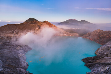 Mount Ijen, a volcano and sulphur mine located near Banyuwangi in East Java, Indonesia. Ijen crater is a famous touristic destination for tourists in Java island, Indonesia.