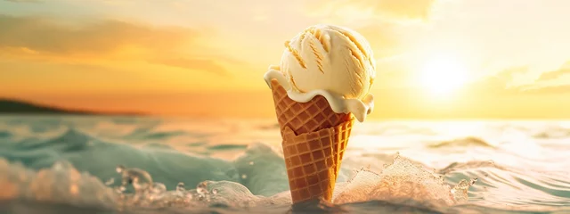 Foto auf Alu-Dibond Banner with ice cream in a waffle cone on a summer day. © Mehdi