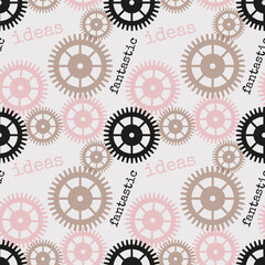 Pattern with gear wheels in steampunk style and the inscription Fantastic ideas, pink beige and black colors.