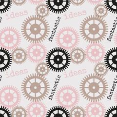 Pattern with gear wheels in steampunk style and the inscription Fantastic ideas, pink beige and black colors.
