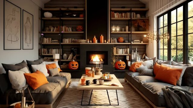 interior design with Halloween theme, seamless looping video background animation, cartoon anime style