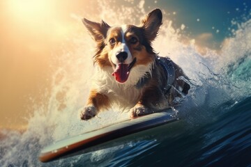 Funny dog on surfboard at sunny day. Surfing concept, ai generative