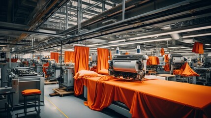 Textile industrial sewing machines at work in a factory, weaving a fabric manufacturing plant