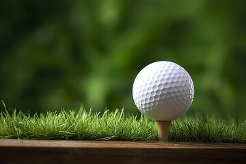 White golf ball on wooden tee with grass. - obrazy, fototapety, plakaty