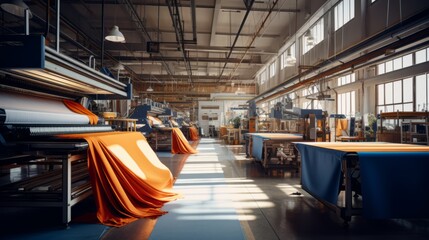Obraz premium Textile industrial sewing machines at work in a factory, weaving a fabric manufacturing plant