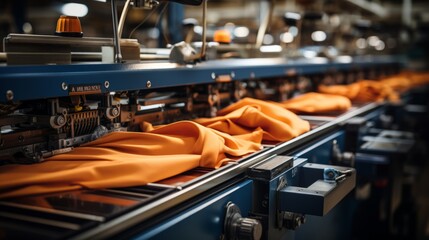 Textile industrial sewing machines at work in a factory, weaving a fabric manufacturing plant - obrazy, fototapety, plakaty