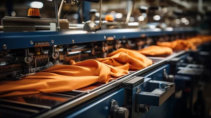 Keuken spatwand met foto Textile industrial sewing machines at work in a factory, weaving a fabric manufacturing plant © ND STOCK