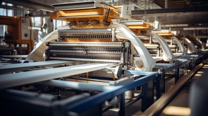 Textile industrial sewing machines at work in a factory, weaving a fabric manufacturing plant