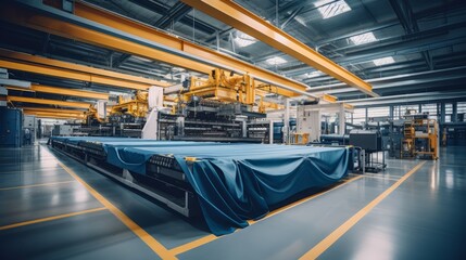 Obraz premium Textile industrial sewing machines at work in a factory, weaving a fabric manufacturing plant