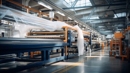 Fototapeta premium Textile industrial sewing machines at work in a factory, weaving a fabric manufacturing plant