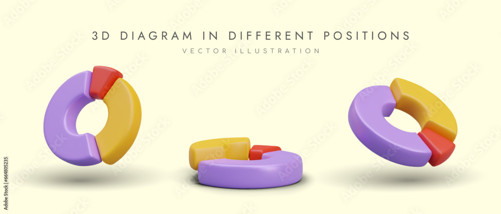 Fototapete 3d donut chart with sectors of different colors. reporting in positive style. illustrations for desi