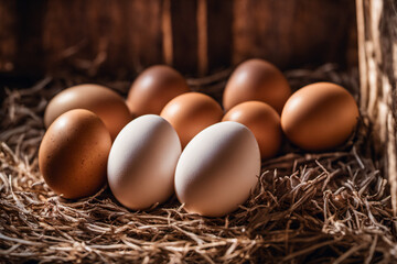 Several eggs were laid in the coop, warm lights shone in the morning - obrazy, fototapety, plakaty