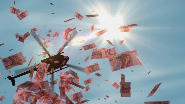 West African CFA money Franc Niger Mali Senegal Africa banknotes helicopter dropping XOF notes abstract 3d concept of inflation, money printing, finance and quantitative easing.