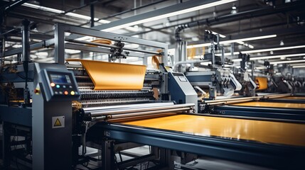 Textile industrial sewing machines at work in a factory, weaving a fabric manufacturing plant - obrazy, fototapety, plakaty