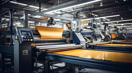 Wandcirkels tuinposter Textile industrial sewing machines at work in a factory, weaving a fabric manufacturing plant © ND STOCK