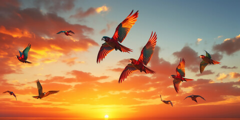 flock of bright parrots flying