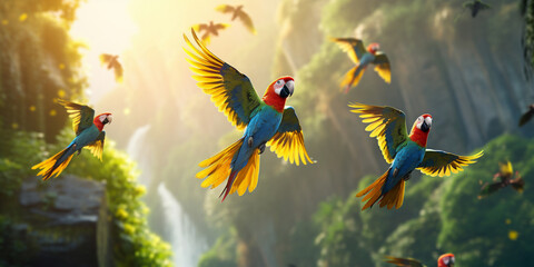 flock of bright parrots flying - obrazy, fototapety, plakaty