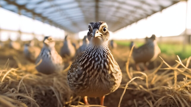 Caille dans son enclos &agrave; la ferme, focus sur un animal avec d'autres cailles dans le fond.
