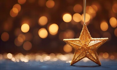 Sparkling Golden Christmas Star. Ornament Decoration Defocused Bokeh Background.