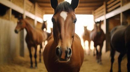 Cheval dans son écurie à la ferme, focus sur un animal avec d'autres chevaux dans le fond. - obrazy, fototapety, plakaty