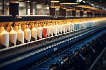 Obraz premium Textile industrial sewing machines at work in a factory, weaving a fabric manufacturing plant