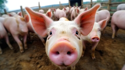 Cochon dans son enclos à la ferme, focus sur un animal avec d'autres cochons dans le fond.