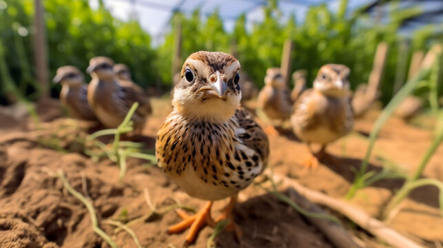 Caille dans son enclos &agrave; la ferme, focus sur un animal avec d'autres cailles dans le fond.