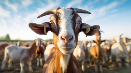 Chèvre dans son enclos à la ferme, focus sur un animal avec d'autres chèvres dans le fond.
