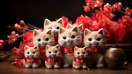 Cute Lucky Cats With Red Paper High Angle, Happy New Year Background, Hd Background
