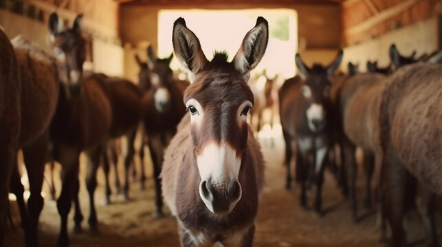 &Acirc;ne dans l'&eacute;table &agrave; la ferme, focus sur un animal avec d'autres &acirc;nes dans le fond.