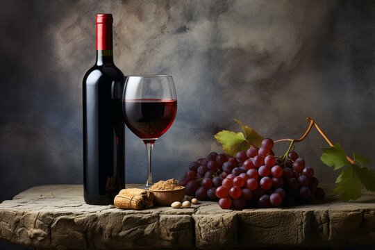 Red wine adorned with grapes on a textured stone surface. Generative AI
