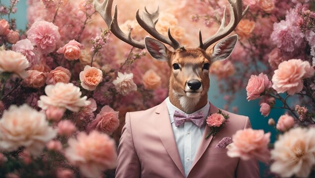 Creative animal concept deer in smart suit surrounded with flowers, funny illustration