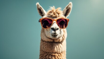 Fototapeta premium adorable llama wearing glasses, realistic illustration of a cute animal with glasses for decorating projects