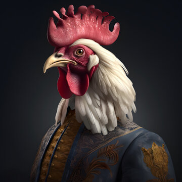 Realistic lifelike rooster bird in renaissance regal medieval noble royal outfits, commercial, editorial advertisement, surreal surrealism. 18th-century historical	
